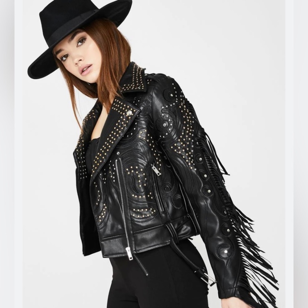Studded Fringe Faux Leather Jacket